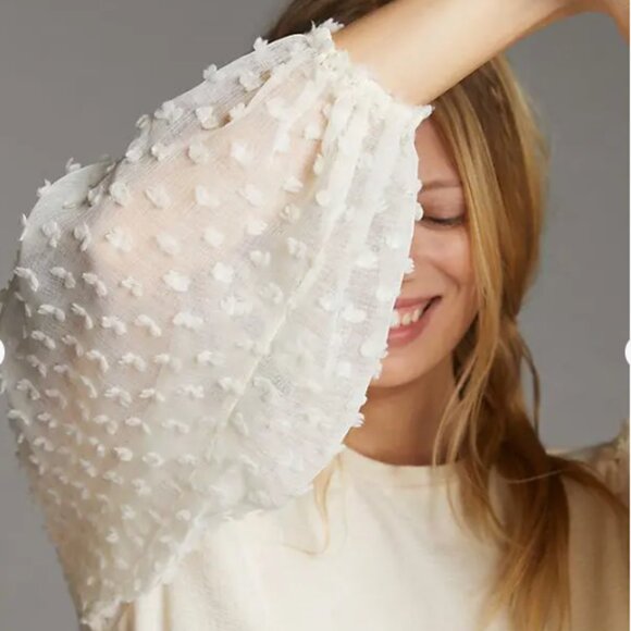 Maeve by Anthropologie Textured Balloon Sleeve Top Cream Minimalist Girly Sz L - Picture 2 of 7